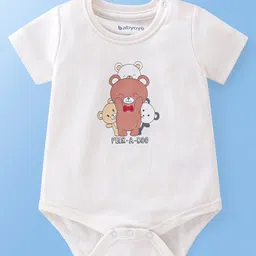 Babyoye 100% Cotton Knit with Eco Jiva Finish Half Sleeves Onesies with Teddy & Text Print Pack of 3 - White & Green image 2