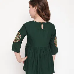 ISHTI Rayon Three Fourth Sleeves Floral Embroidered Peplum Top - Bottle Green image 3