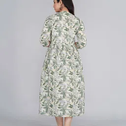 Kaheksa Cotton Three Fourth Sleeves Leaves Printed Maternity Dress With Concealed Zipper Nursing Access - Green image 3