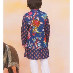 KID1 Cotton Woven Full Sleeves Floral Printed Lace Embellished Kurta Pyjama With Jacket - Navy Blue image 3