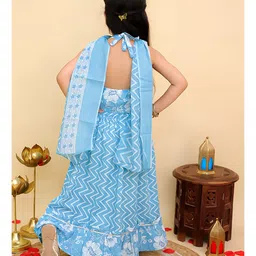 AJ Dezines Cotton Woven Sleeveless Chevron & Floral Printed Lehenga Choli With Dupatta Set - Blue image 3