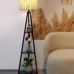 Crosscut Furniture- Printed Series Tripod Floor Lamp with 3 Shelves, LED Bulb Included (Garden Grass) image 2