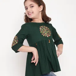 ISHTI Rayon Three Fourth Sleeves Floral Embroidered Peplum Top - Bottle Green image 4