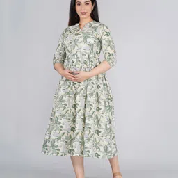 Kaheksa Cotton Three Fourth Sleeves Leaves Printed Maternity Dress With Concealed Zipper Nursing Access - Green image 4