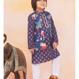 KID1 Cotton Woven Full Sleeves Floral Printed Lace Embellished Kurta Pyjama With Jacket - Navy Blue image 4