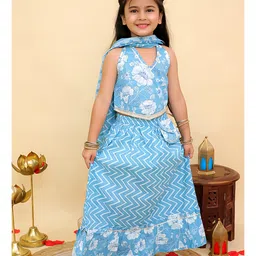 AJ Dezines Cotton Woven Sleeveless Chevron & Floral Printed Lehenga Choli With Dupatta Set - Blue image 4