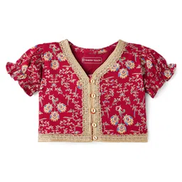 EARTHY TOUCH Single Jersey Knit Half Puffed Sleeves Choli Lehenga Set with Dupatta Floral Glitter Print & Lace Detailing - Maroon image 3