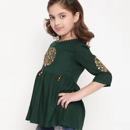 ISHTI Rayon Three Fourth Sleeves Floral Embroidered Peplum Top - Bottle Green image 5