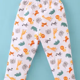 Little Darlings Cotton Knit Full Sleeves Night Suit With Animals Print - White image 4