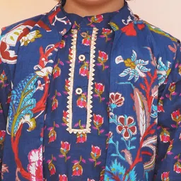 KID1 Cotton Woven Full Sleeves Floral Printed Lace Embellished Kurta Pyjama With Jacket - Navy Blue image 5