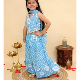 AJ Dezines Cotton Woven Sleeveless Chevron & Floral Printed Lehenga Choli With Dupatta Set - Blue image 5