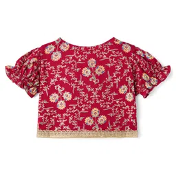 EARTHY TOUCH Single Jersey Knit Half Puffed Sleeves Choli Lehenga Set with Dupatta Floral Glitter Print & Lace Detailing - Maroon image 4