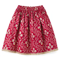 EARTHY TOUCH Single Jersey Knit Half Puffed Sleeves Choli Lehenga Set with Dupatta Floral Glitter Print & Lace Detailing - Maroon image 5