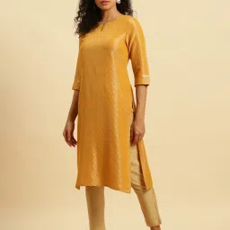 W Yellow Woven Pattern Straight Kurta image 3