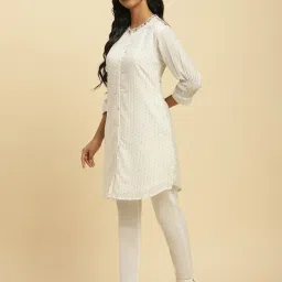 W Off-White Woven Pattern A Line Kurti image 3