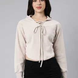 showoffff SHOWOFF Beige Relaxed Fit Crop Hoodie image 2