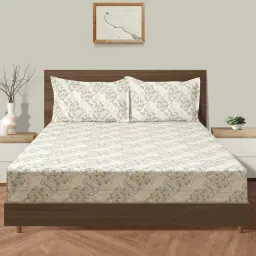 Swayam Dona Floral Beige & Grey 160 TC Cotton King Fitted Fitted Bedsheet with 2 Pillow Covers image 2