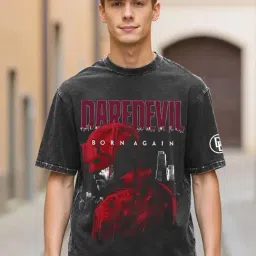 Bewakoof Black Official Marvel Merchandise Daredevil Printed Acid Wash Relaxed Fit T-Shirt-picture-38