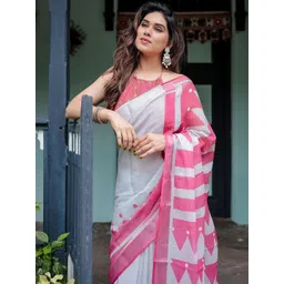 all about you Geometric Printed Zari Pure Linen Saree image 3