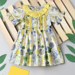 Bella Moda Girls Yellow Cotton Three Fourth Sleeves Floral Printed Dress-image-71