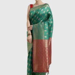 Satrani Green Woven Saree With Unstitched Blouse image 1