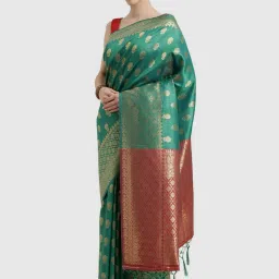 Satrani Green Woven Saree With Unstitched Blouse image 3