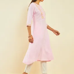 Soch Pink Cotton Embroidered A-Line Dress Kurta with Pocket image 3