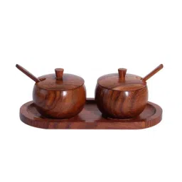 Unravel India New Brown Sheesham Wood Jar with Spoon & Tray - Set of 5 image 3