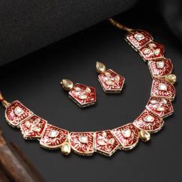 Aatmana Maroon & White Gold-Plated Enameled & Kundan Studded Necklace Set-picture-3