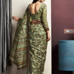 Satrani Green Cotton Blend Printed Saree With Unstitched Blouse image 2