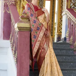 Satrani Beige Silk Woven Saree With Unstitched Blouse image 2