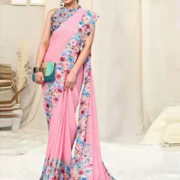 MIRCHI FASHION Baby Pink Floral Print Saree With Unstitched Blouse image 4