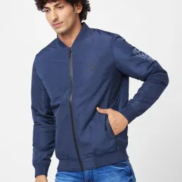 Spykar Navy Puffer Jacket With Sleeve & Zipper Pocket Printed Detail image 3