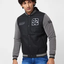 Spykar Black Varsity Jacket With Towel Embroidery Badge & Printed Back Detail image 3