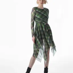 Only Green Polyester Checked Fit & Flared Dress-image-32