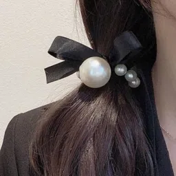 OOMPH Combo of 2 Black Nylon Big Pearl Rubber Band Ponytail Holder Stylish Latest image 2