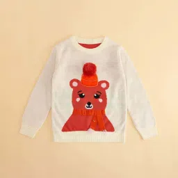 Pantaloons Junior Off-White & Brown Applique Full Sleeves Sweater image 3