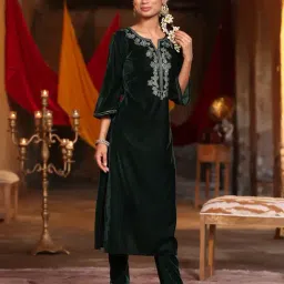 Juniper Jade Green Ethnic Motif Printed Velvet Straight Kurta & Pants Set With Zari Work Embroidery image 3