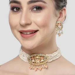 Karatcart Gold-Plated Peach Dulhan Doli Design Choker Necklace Set for Women-image-14
