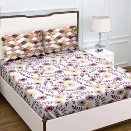 BELLA CASA Genteel Floral Red & Yellow 180 TC Plain King Bedsheet with 2 Pillow Covers image 1