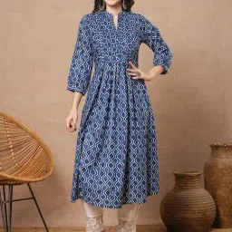 Fashor Blue Cotton Printed Three-Quarter Sleeves Kurta-picture-20