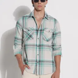 Showoff Blue Cotton Relaxed Fit Checks Shirt-image-57