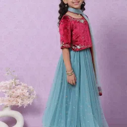 biba girls Biba Kids Maroon & Blue Cotton Embroidered Lehenga Cholis image 3