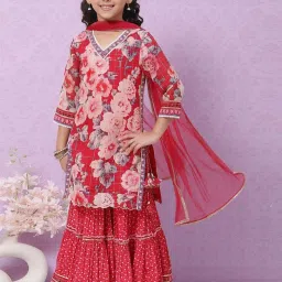 biba girls Biba Kids Red & Pink Floral Print Kurta Set image 1