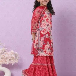biba girls Biba Kids Red & Pink Floral Print Kurta Set image 3