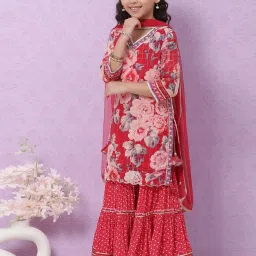 biba girls Biba Kids Red & Pink Floral Print Kurta Set image 4