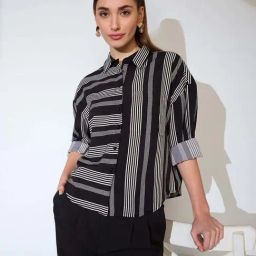 Globus Women Black Vertical & Horizontal Stripes Collared Neck Oversized Shirt Style Top-picture-24