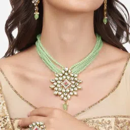 Zaveri Pearls Green Multistrand Beaded Kundan Long Necklace Earring & Ring Set-ZPFK13780-picture-38