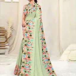 MIRCHI FASHION Pista Green Floral Print Saree With Unstitched Blouse image 3