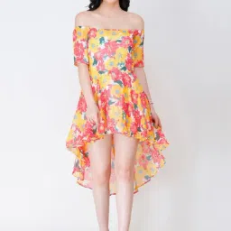 Scorpius Yellow & Pink Floral Print High-Low Dress-picture-33